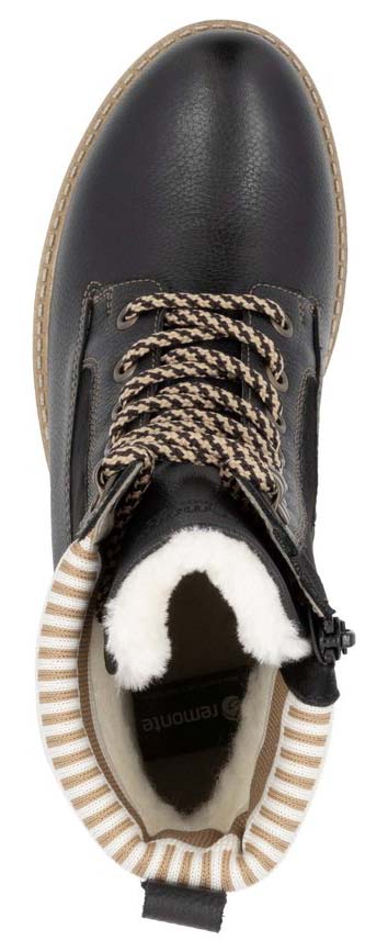 Black lace-up boot with a zipper, faux fur lining, and striped trim.