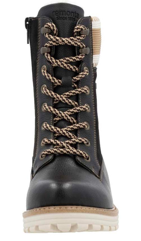 Front view of a black mid-calf lace-up boot with side zipper, tan and brown laces, knitted upper cuff, and off-white sole.
