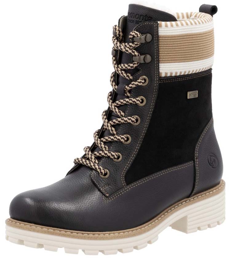Black lace-up boot with a ribbed ankle, and off-white tread.