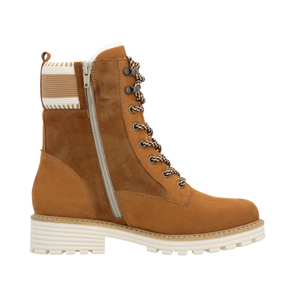 Tan lace-up boot with zipper and a striped ankle cuff.