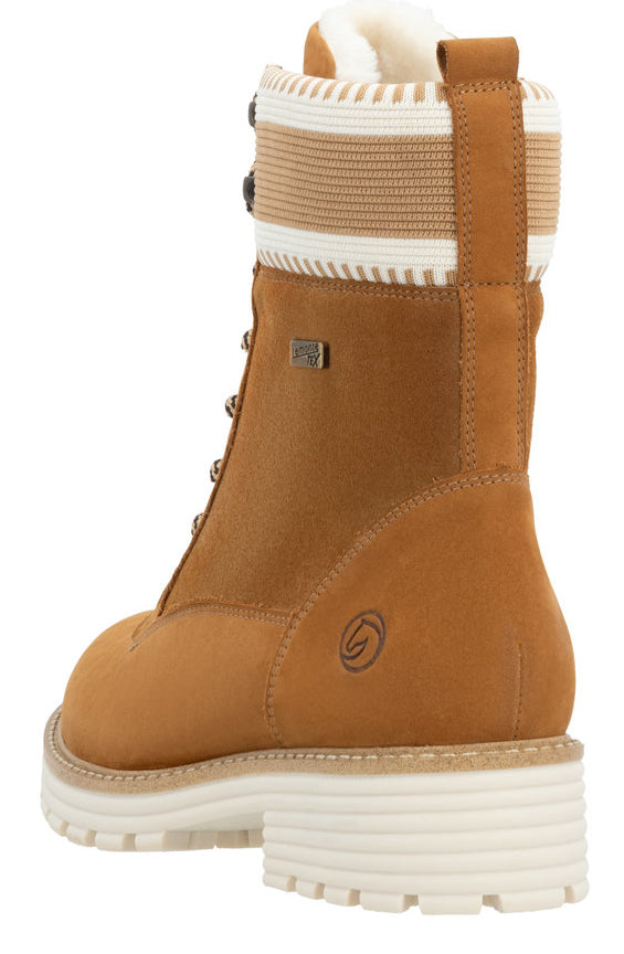 Tan hiking-style boot with white-striped knit trim and white lug sole.
