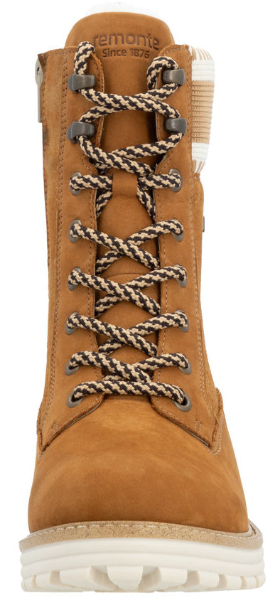 A tan lace-up boot with cream and brown laces.