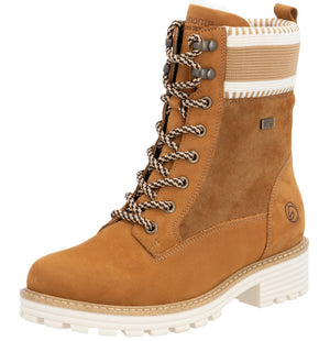Tan, lace-up boot with suede accents and striped, knit detail at the top.