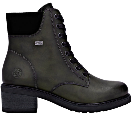 Olive green leather ankle boot with a block heel, black laces, and padded collar.