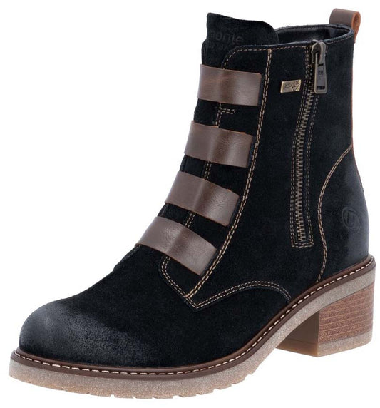 Black suede ankle boot with a side zipper, brown strap accents, and a block heel.