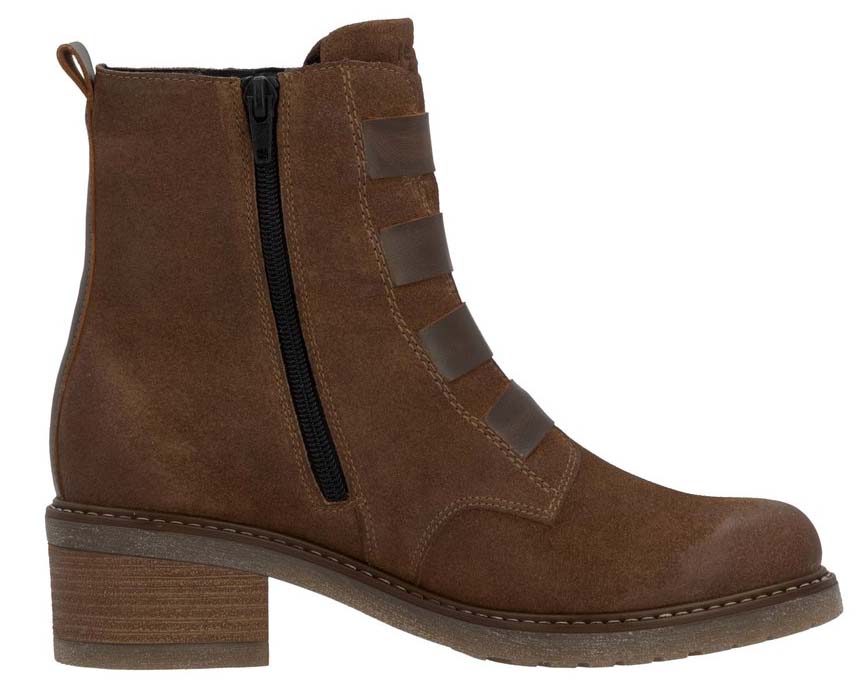 Brown ankle boot with side zipper and stacked heel.
