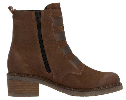 Brown ankle boot with side zipper and stacked heel.