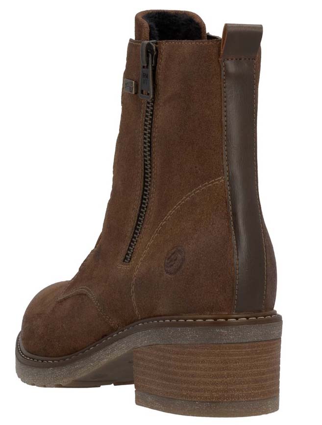 back view of a brown suede boot with a side zipper and block heel
