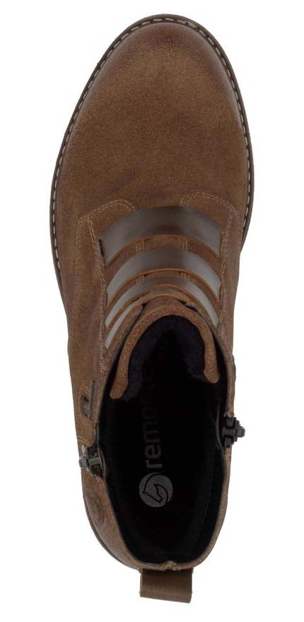 Top view of a brown boot with decorative straps, visible zipper and a loop at the back.