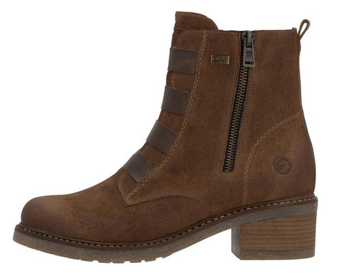 Brown ankle boot with a zipper on the side and strap details