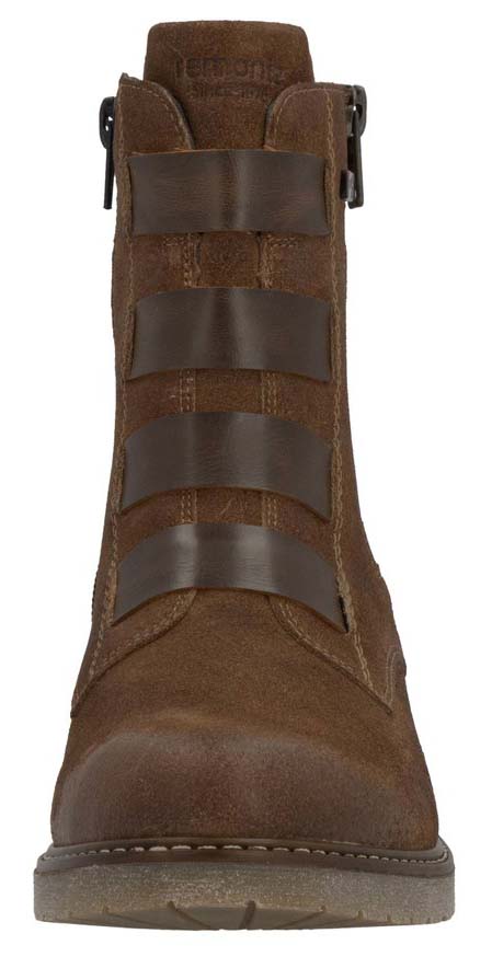 Front view of a brown suede mid-calf boot featuring three darker brown leather straps and a side zipper.
