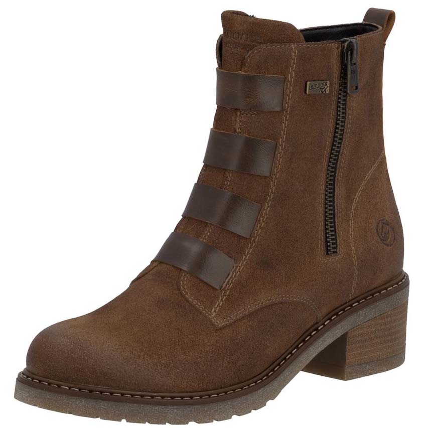 Brown ankle boot with zipper, straps, and block heel.