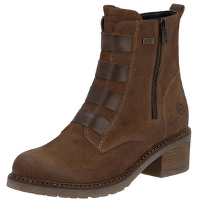 Brown ankle boot with zipper, straps, and block heel.