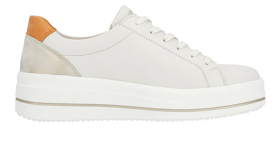 A white leather sneaker with a platform sole and tan heel detail.