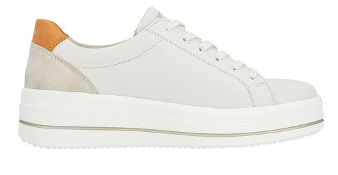 A white leather sneaker with a platform sole and tan heel detail.
