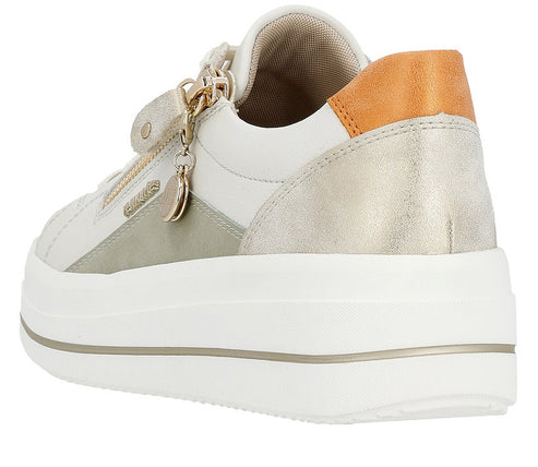 Off-white platform sneaker with a gold heel and heel loop.