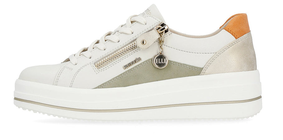 A women's white platform sneaker with decorative side zipper and tan heel.