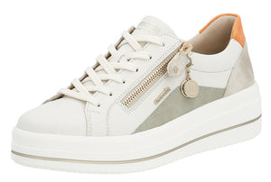 White leather sneaker with laces, side zipper, platform sole, and orange and gray accents.