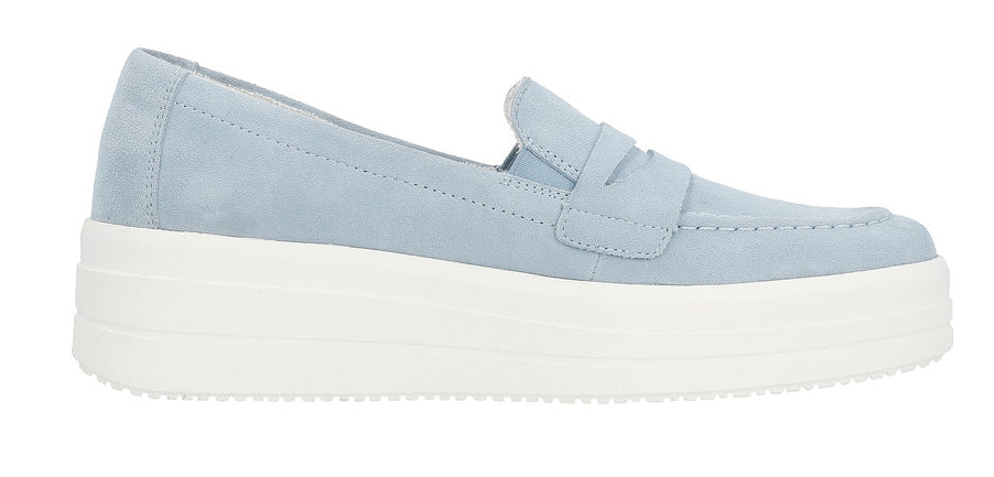 A light blue loafer shoe with a thick white platform sole.