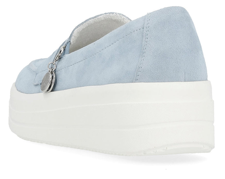 Light blue suede platform slip-on shoe with hanging metal charm.