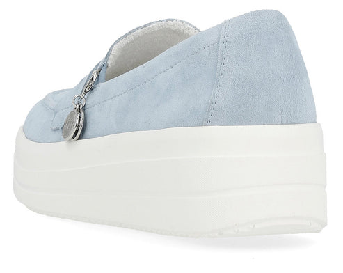 Light blue suede platform slip-on shoe with hanging metal charm.