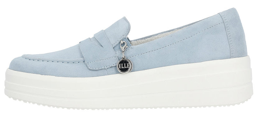 Light blue loafer with a white platform sole and decorative charm.