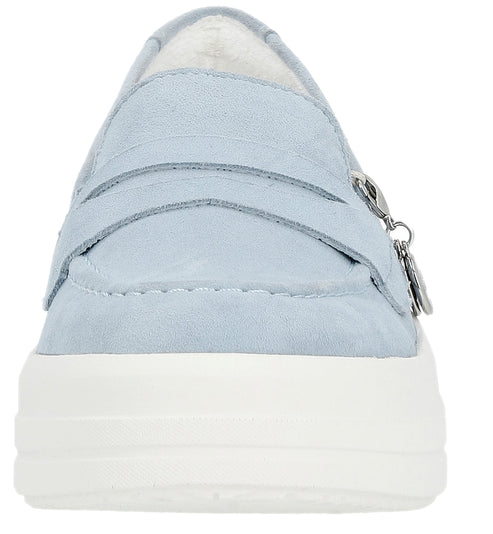 Light blue suede penny loafers with white platform sole.
