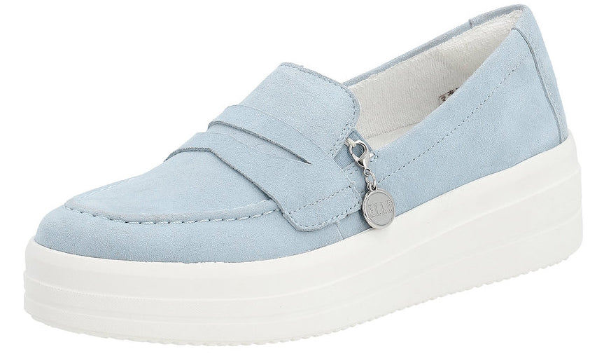 Light blue platform loafer with white sole and decorative charm.