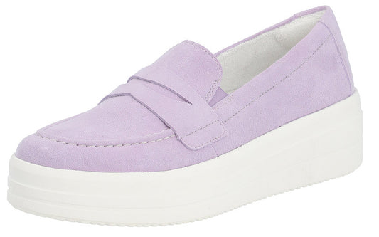Lilac penny loafer with a thick white platform sole.