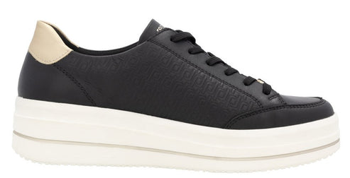 Black leather sneaker with a thick white platform sole and a gold heel accent.