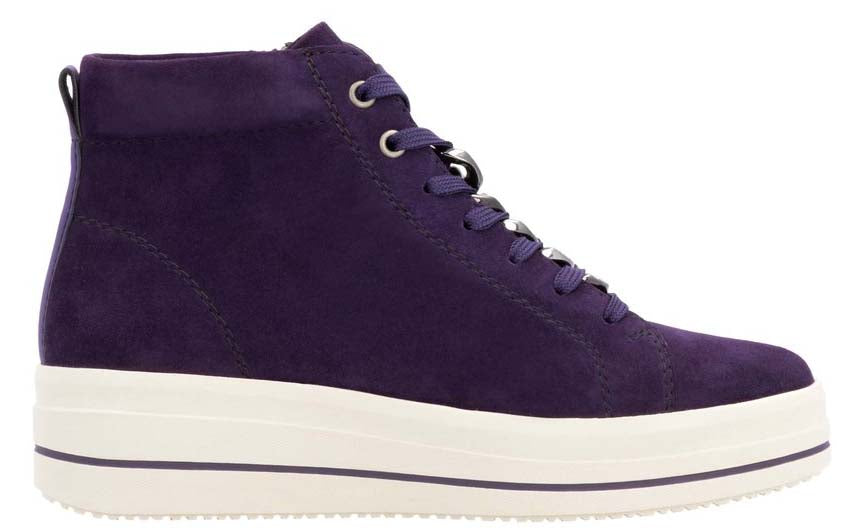 Purple high-top sneaker with a white platform sole.