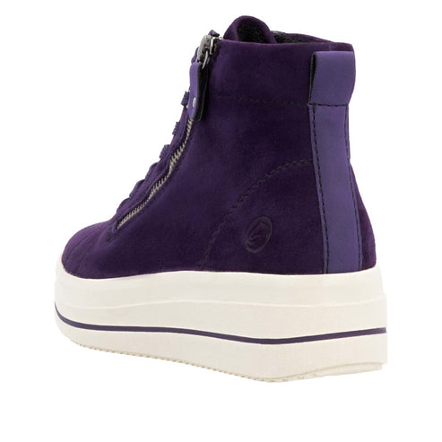Purple high-top sneaker with side zipper and thick white sole.