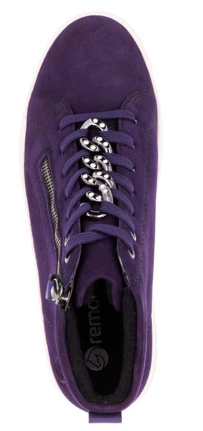 A purple shoe with laces and a chain.