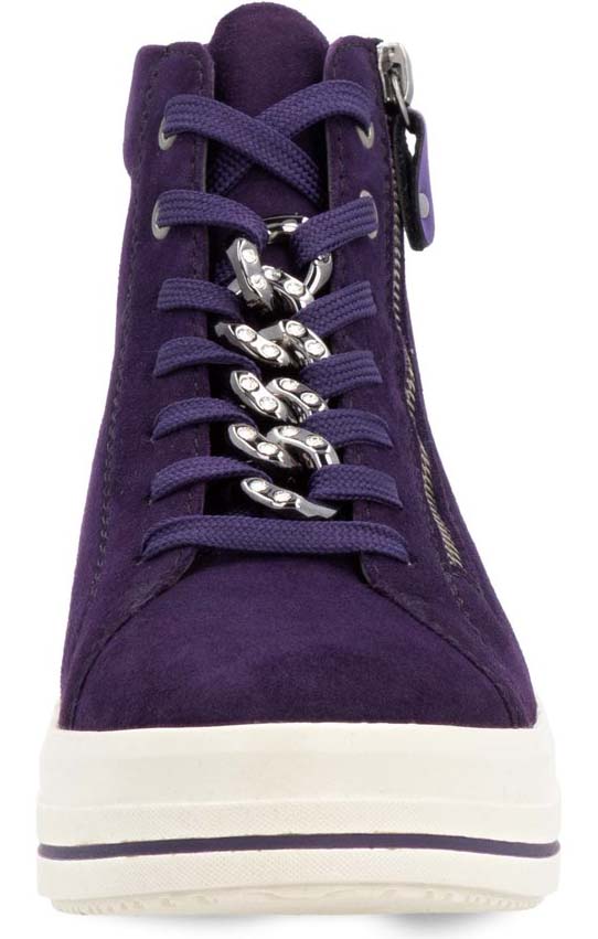 A purple high-top sneaker with a side zipper, white sole, and embellished laces.