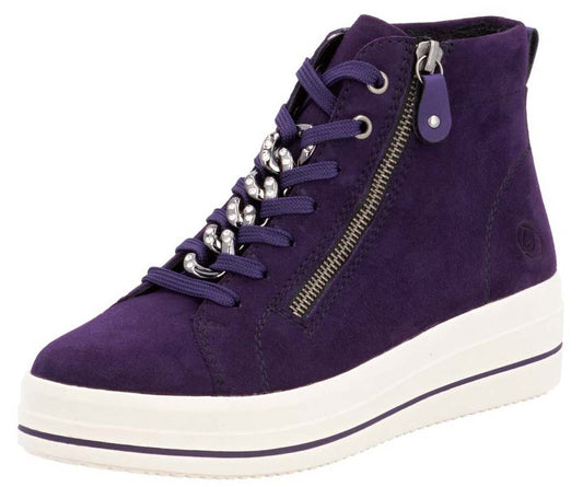 A purple high-top sneaker with a side zipper and a chain over the laces.