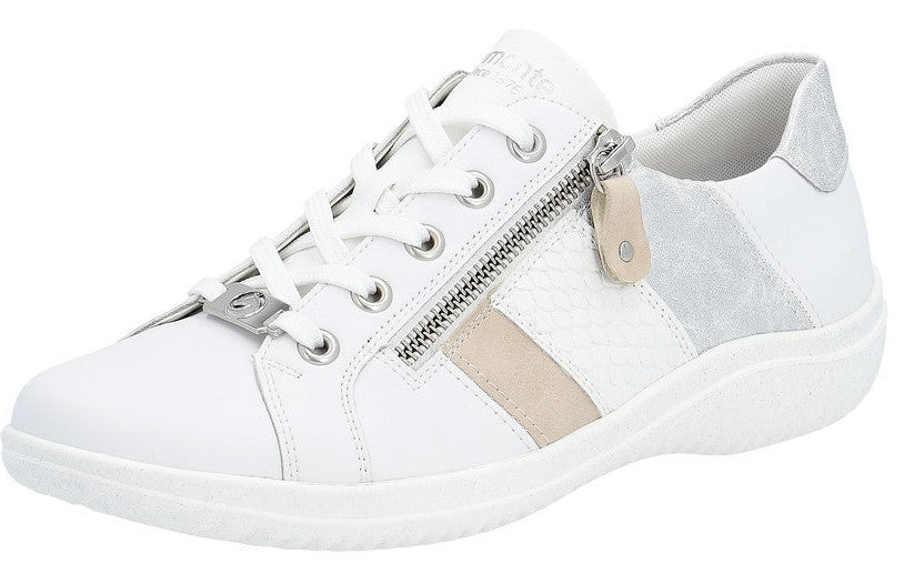 White leather sneaker with laces and decorative zipper.