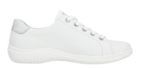 A white leather sneaker with a silver heel.