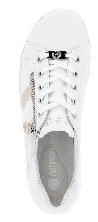 A white Remonte brand sneaker with a zipper, and white shoelaces.