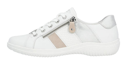 White sneaker with laces and side zipper.