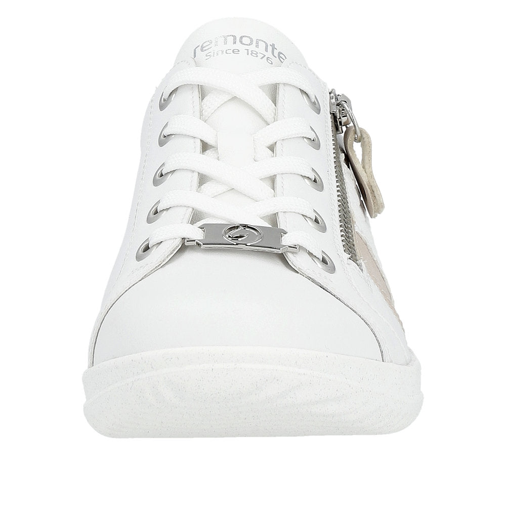 White sneaker with laces and a side zipper, showcasing the text "remonte Since 1876" on the tongue.