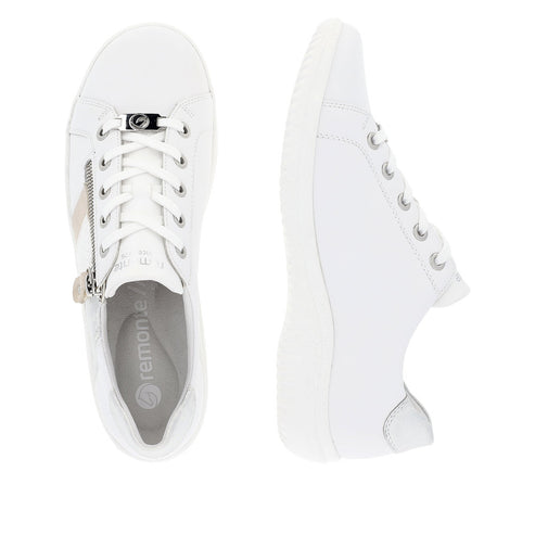 Pair of white leather sneakers with silver accents, lace-up closure, and a side zipper.