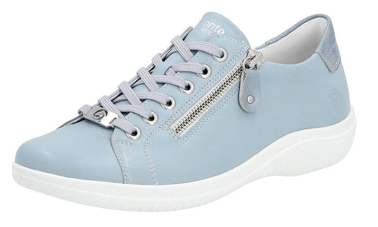 Light blue sneaker with a white sole, gray laces, and a silver side zipper.