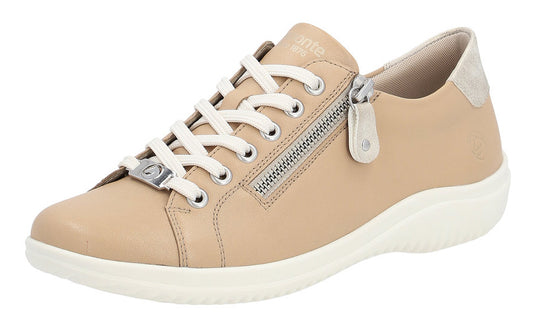 Beige low-top sneaker with white laces, a side zipper, and a white sole.