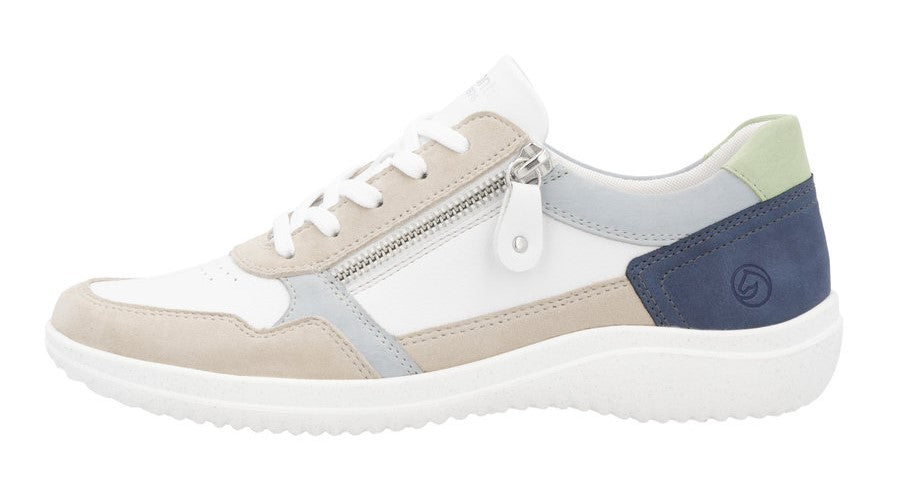 A low top women's sneaker with a white upper with beige, gray, and navy accents. It has white laces and a zipper.