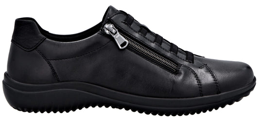 A black slip-on shoe with a zipper on the side.