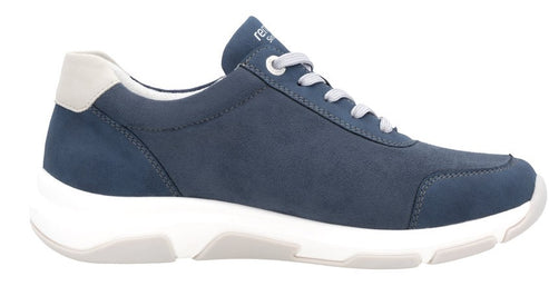 Navy blue sneaker with white sole and light grey laces and heel.