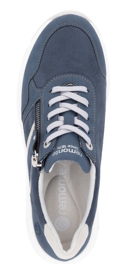 A blue sneaker with white laces and a side zipper.
