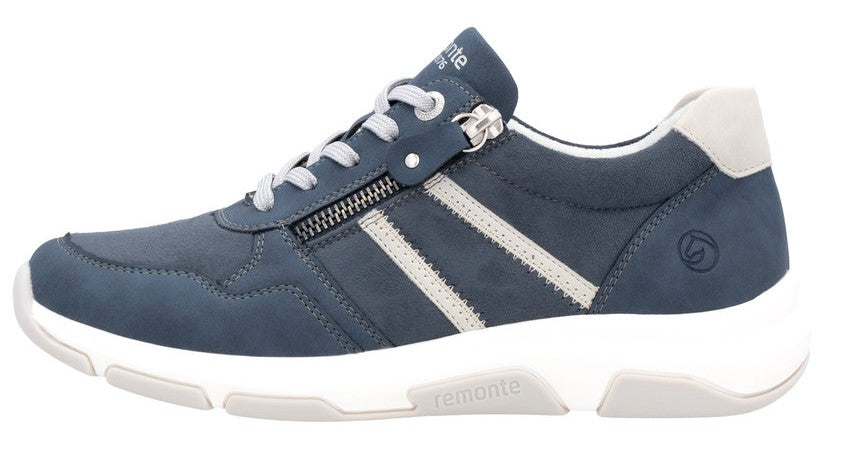 Blue sneaker with a white sole and light gray laces, accented with a diagonal white stripe and a side zipper.