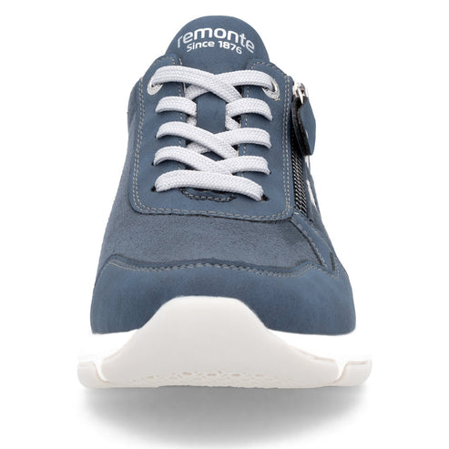 Blue athletic shoe with light gray laces, white sole and visible zipper.