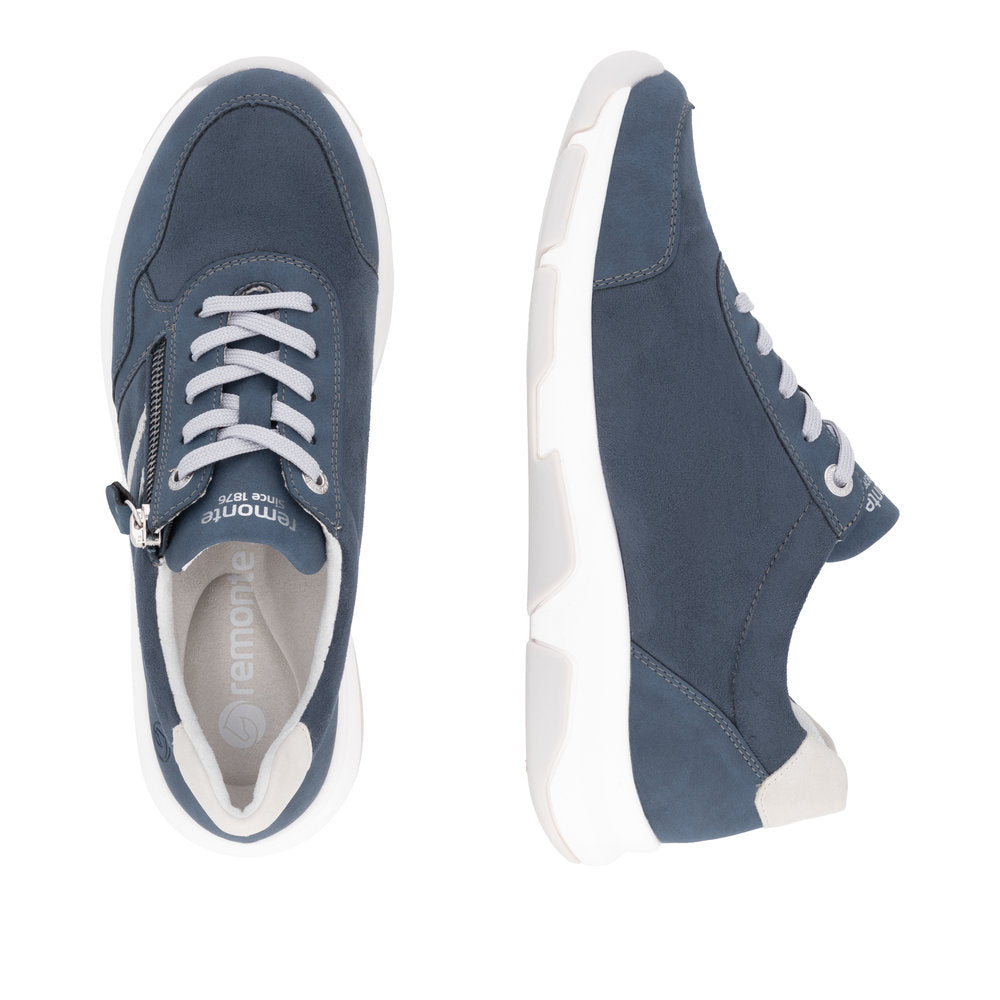 Two blue Remonte sneakers, one top view with white laces, and one side view with a thick white sole.